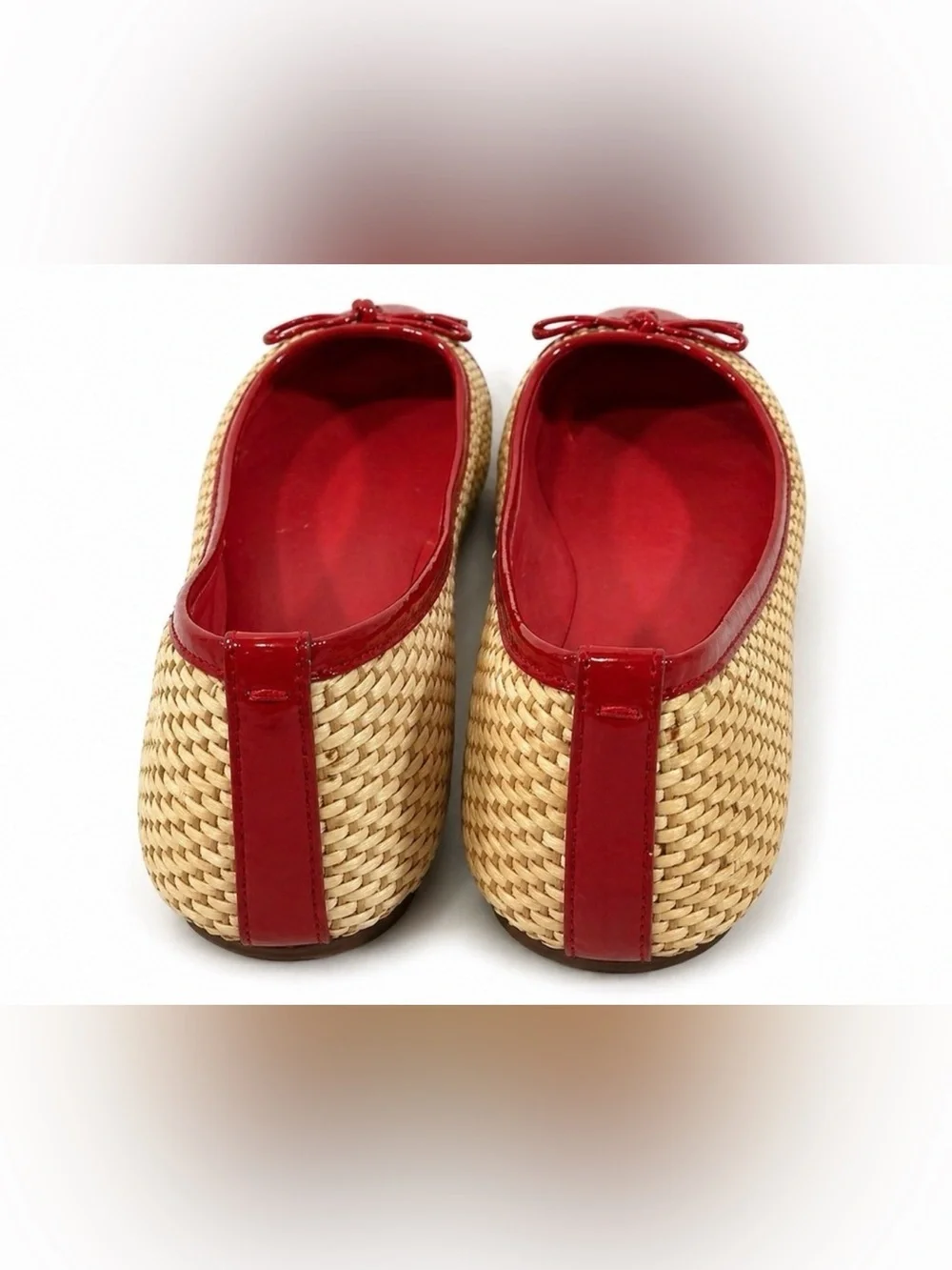 Tory Burch Reva Ballet Flats Red Patent & Raffia Woven Shoes Size 8.5M